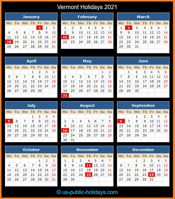 Vermont Holiday Calendar 2021